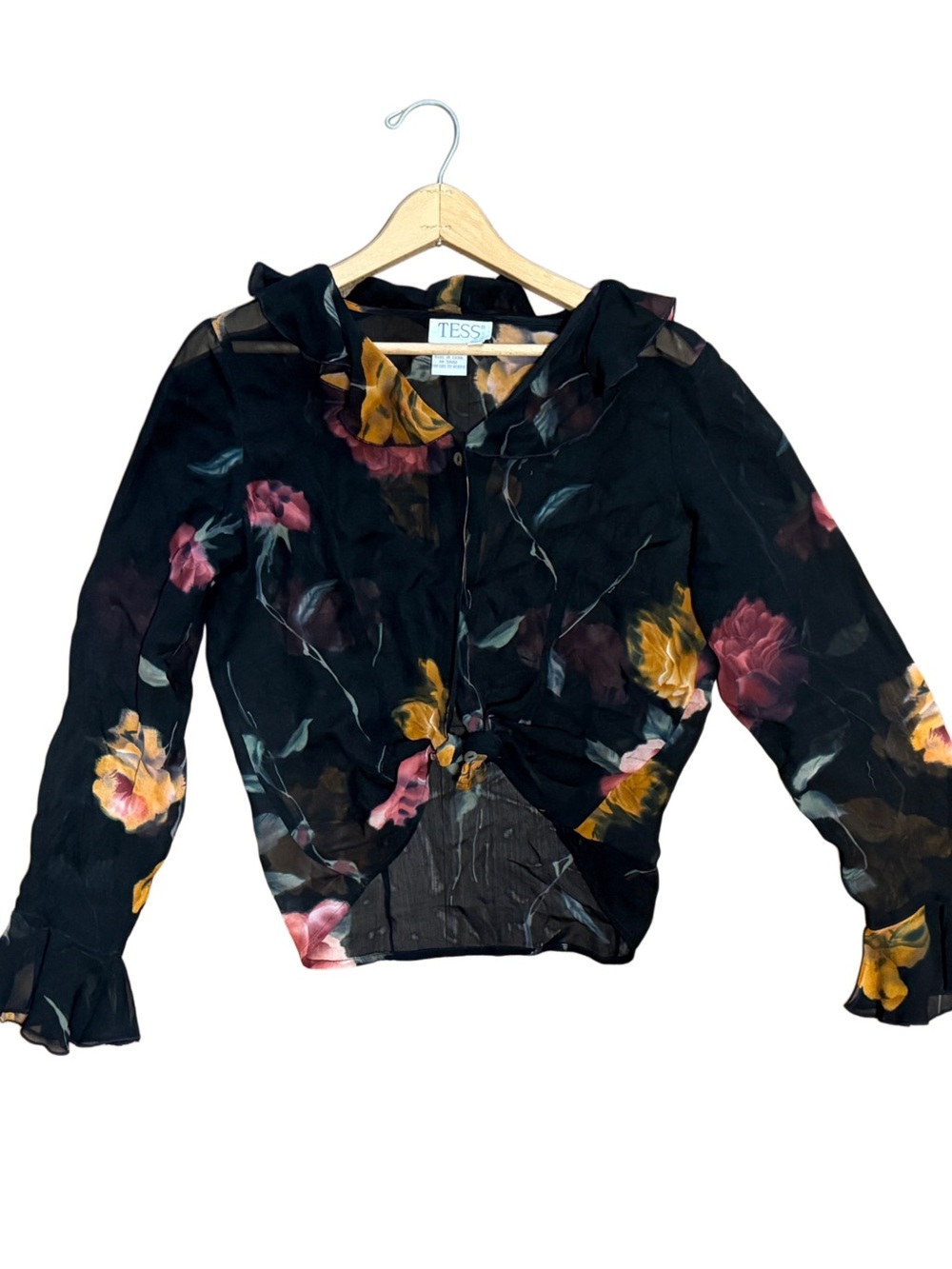 Vintage 90s Tess Black Floral Sheer Button-Front Blouse